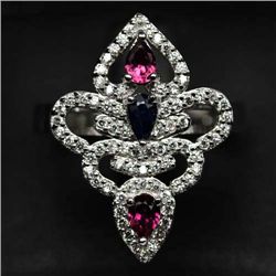 STERLING SILVER SAPPHIRE, GARNET, RHODOLITE, TOPAZ RING
