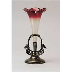 AMBERINA LILY VASE IN SILVERPLATE HOLDER. 