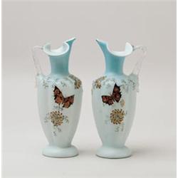 PAIR OF SATIN GLASS EWERS.  