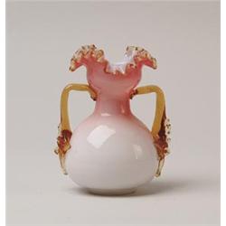 DOUBLE HANDLED ART GLASS VASE. 