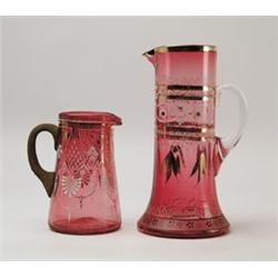 LOT OF TWO CRANBERRY ART GLASS PITCHERS.  