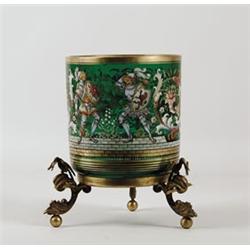 LARGE ENAMELED GREEN VASE. 