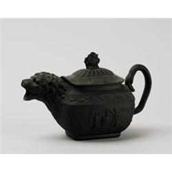 BLACK BASALT FIGURAL TEAPOT.  