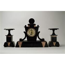 FRENCH MARBLE MANTLE CLOCK WITH CANDLESTICKS.  