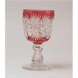 LARGE CRANBERRY CUT TO CLEAR CHALICE VASE.  