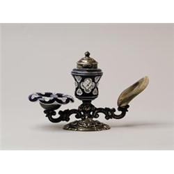 LATE 19TH EARLY 20TH CENTURY OVERLAY INKSTAND IN SILVER STAND.  
