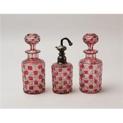 LOT OF THREE CRANBERRY CUT TO CLEAR CUT GLASS ITEMS.  