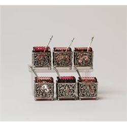 SET OF SIX HAWKES AMETHYST GLASS & METAL OPEN SALTS. 