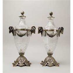 PAIR OF COVERED METAL & GLASS URNS.  