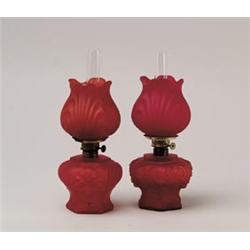 LOT OF TWO RED SATIN GLASS MINI LAMPS.  