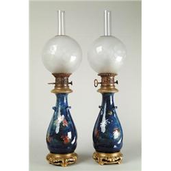 MAGNIFICENT LARGE PAIR OF EARLY FRENCH MAJOLICA MODERATOR LAMPS.  