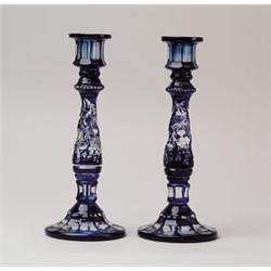 PAIR OF COBALT BLUE OVERLAY CANDLESTICKS.  