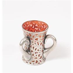 SILVER OVERLAY CRANBERRY GLASS THREE-HANDLED LOVING CUP.  