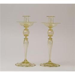 PAIR OF TIFFANY CITRON YELLOW CANDLESTICKS.  