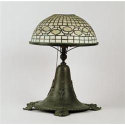 SIGNED TIFFANY ACORN SHADE WITH ASSOCIATED LAMP BASE. 