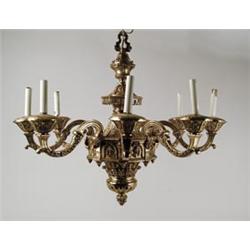 FRENCH BRONZE EIGHT LIGHT CHANDELIER. 