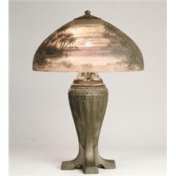 GOOD SIGNED HANDEL TROPICAL PAINTED TABLE LAMP.  