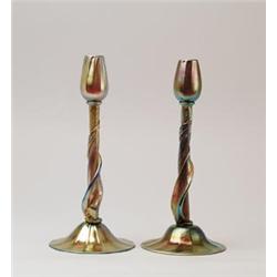 PAIR OF STEUBEN GOLD AURENE CANDLESTICKS.  