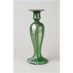 STEUBEN GREEN AURENE DECORATED VASE.  