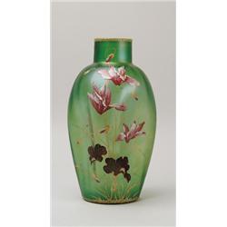 DECORATED ART GLASS VASE.  