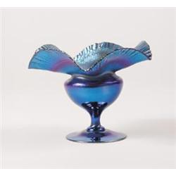 RARE SIGNED TIFFANY BLUE IRIDESCENT FIVE FLUTED COMPOTE.  