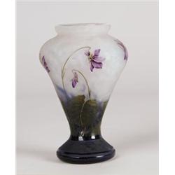 FINE SIGNED DAUM ACID CUT AND ENAMELED VIOLETS VASE.  