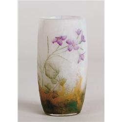 SIGNED DAUM ACID CUT AND ENAMELED TUMBLER WITH VIOLETS.  