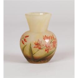 SIGNED DAUM ACID CUT & ENAMELED FLORAL MINI VASE. 