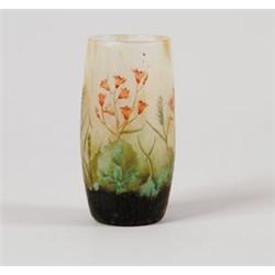 SIGNED DAUM ACID CUT AND ENAMELED TUMBLER WITH RED FLOWERS.  