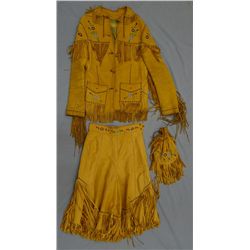 Beaded buckskin 3 piece, Chris Line Originals, jacket, skirt/shorts, hand bag, leather