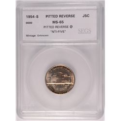 1954-S JEFFERSON NICKEL, SEGS MS-65 GEM, RARE MINT ERROR "NTI-FIVE"