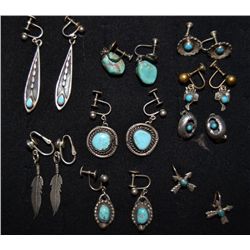 NINE PAIRS OF NAVAJO SILVER EARRINGS
