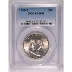 1953-S FRANKLIN HALF DOLLAR, PCGS, MS-65 GEM!