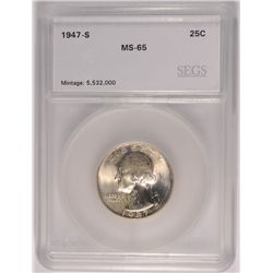 1947-S WASHINGTON QUARTER, SEGS MS-65  NICE