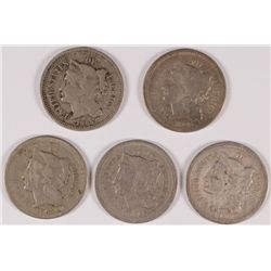 (5) 1865 THREE CENT NICKELS