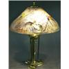 Image 1 : PAIRPOINT TABLE LAMP, the domed shade painted with colourful parrots amongst tropical flowers and...
