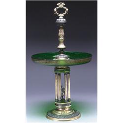 ENGLISH PATINATED AND GILT BRONZE AND GREEN GLASS CENTREPIECE, Walker & Hall, Sheffield, the shal...