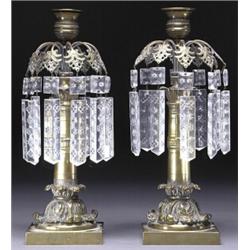 PAIR OF FRENCH GILT-BRONZE GIRANDOLE CANDLESTICKS, of columnar form, moulded with leaf and dart o...