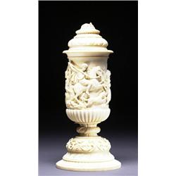 GERMAN CARVED IVORY VASE AND COVER, the body carved in high relief with an encircling bear-huntin...