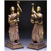 Image 1 : PAIR OF CARVED AND GILT WOOD FIGURES, in classical robes holding candlesticks on stepped rectangu...