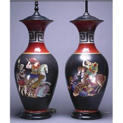 PAIR OF FRENCH EARTHENWARE 'ETRUSCAN' LARGE VASES, as table lamps, printed and painted in colours...