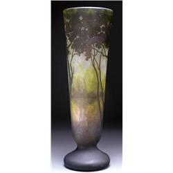 DAUM LANDSCAPE CAMEO GLASS VASE, the lightly flaring vessel with bulbous base of grey glass mottl...