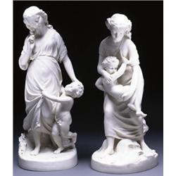 PAIR OF COPELAND PARIANWARE FIGURES, of 'Early Struggles' and 'Happy Days', each moulded with a m...