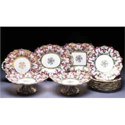ENGLISH PORCELAIN DESSERT SERVICE, with broad moulded foliate rims painted in green, puce and gil...
