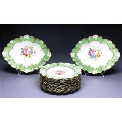ROYAL CROWN DERBY APPLE GREEN-GROUND DESSERT SERVICE, printed and painted on the centres in colou...