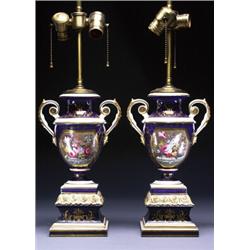 PAIR OF ENGLISH PORCELAIN MANTLE VASES, as table lamps, with moulded and gilt scroll handles, pai...