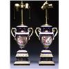 Image 1 : PAIR OF ENGLISH PORCELAIN MANTLE VASES, as table lamps, with moulded and gilt scroll handles, pai...