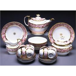 CHAMBERLAIN WORCESTER TEA SERVICE, printed in red and bordered in gilt with bands of roses and le...