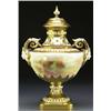 Image 1 : ROYAL WORCESTER TWO-HANDLED VASE AND COVER, with moulded and gilt decorated cover, mask and scrol...