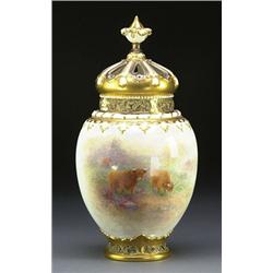 ROYAL WORCESTER POTPOURRI AND COVER, of ovoid shape, painted in colours by Harry Stinton, signed,...